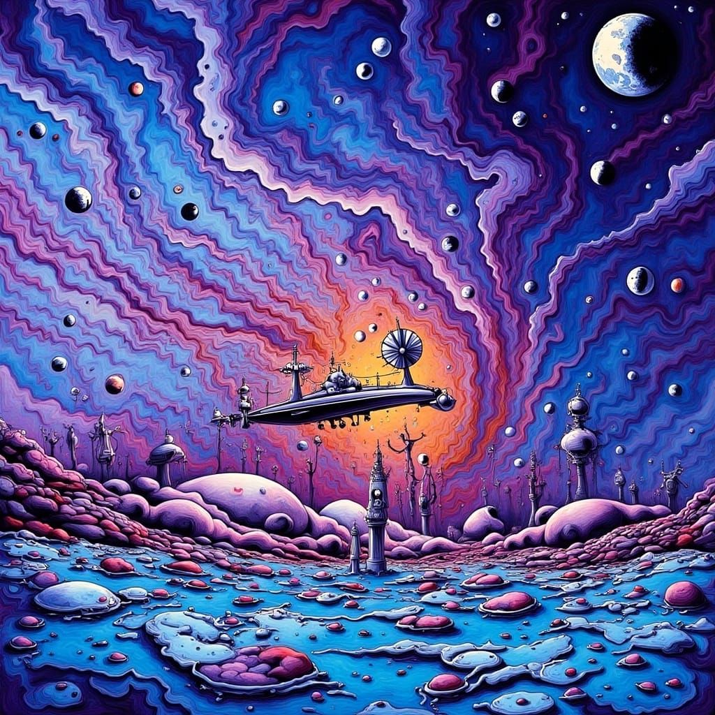 Surreal Moonscape: Spaceship Landing in Dreamlike Style