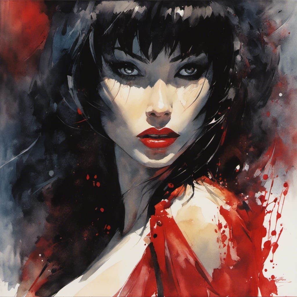 Ethereal Vampirella Portrait in Watercolor Style