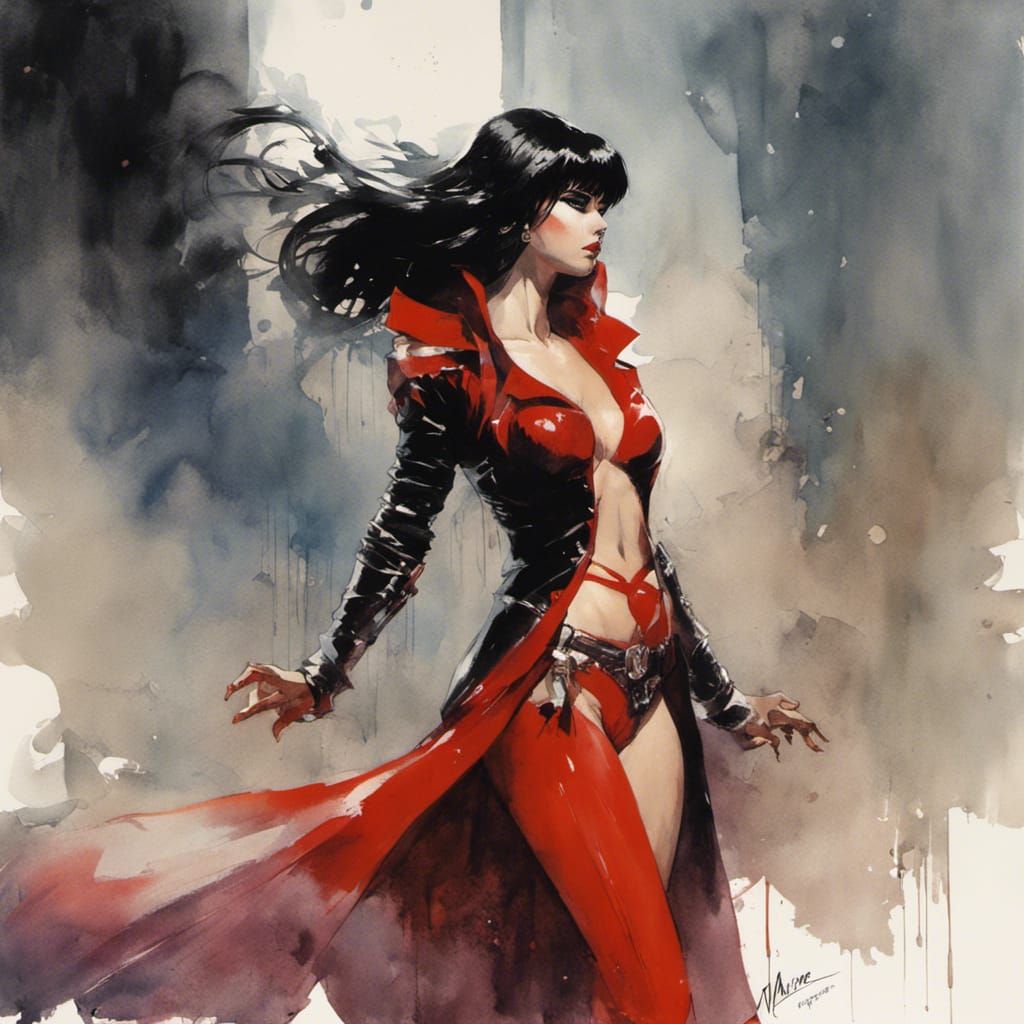 Vampirella Portrait with Watercolor Paint Drops