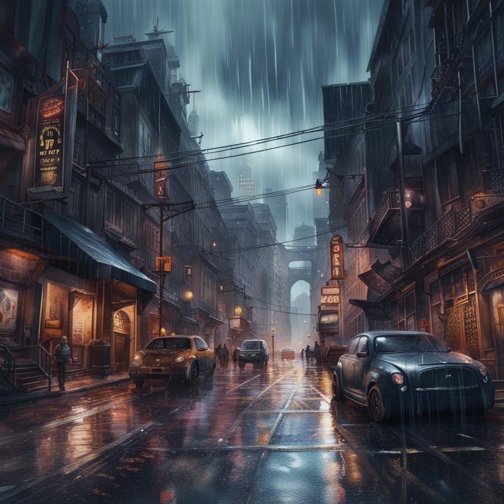 Rainy Cityscape in Watercolor Style