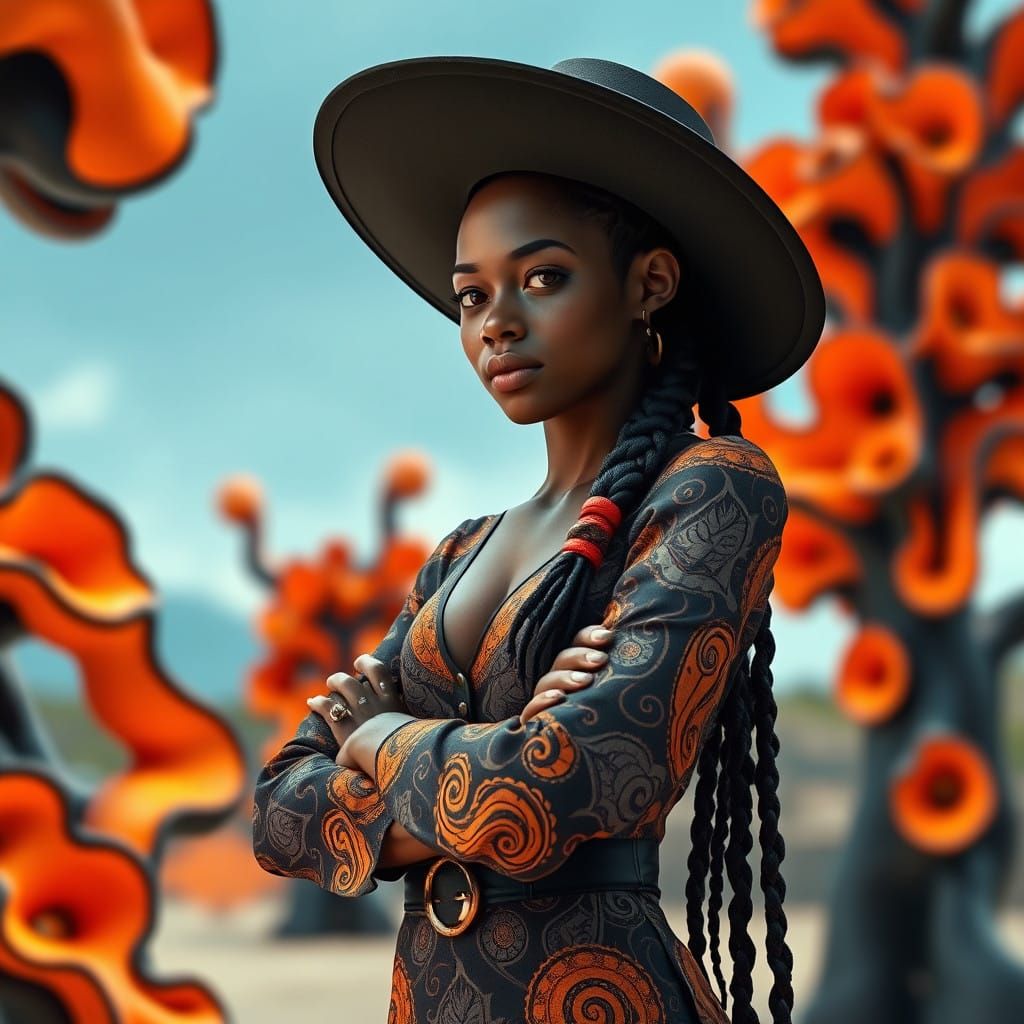 Confident Young Woman in Vibrant, Surreal Landscape