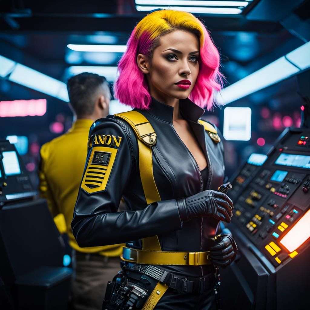 Navy Officer on Starship Bridge in Cyberpunk Style