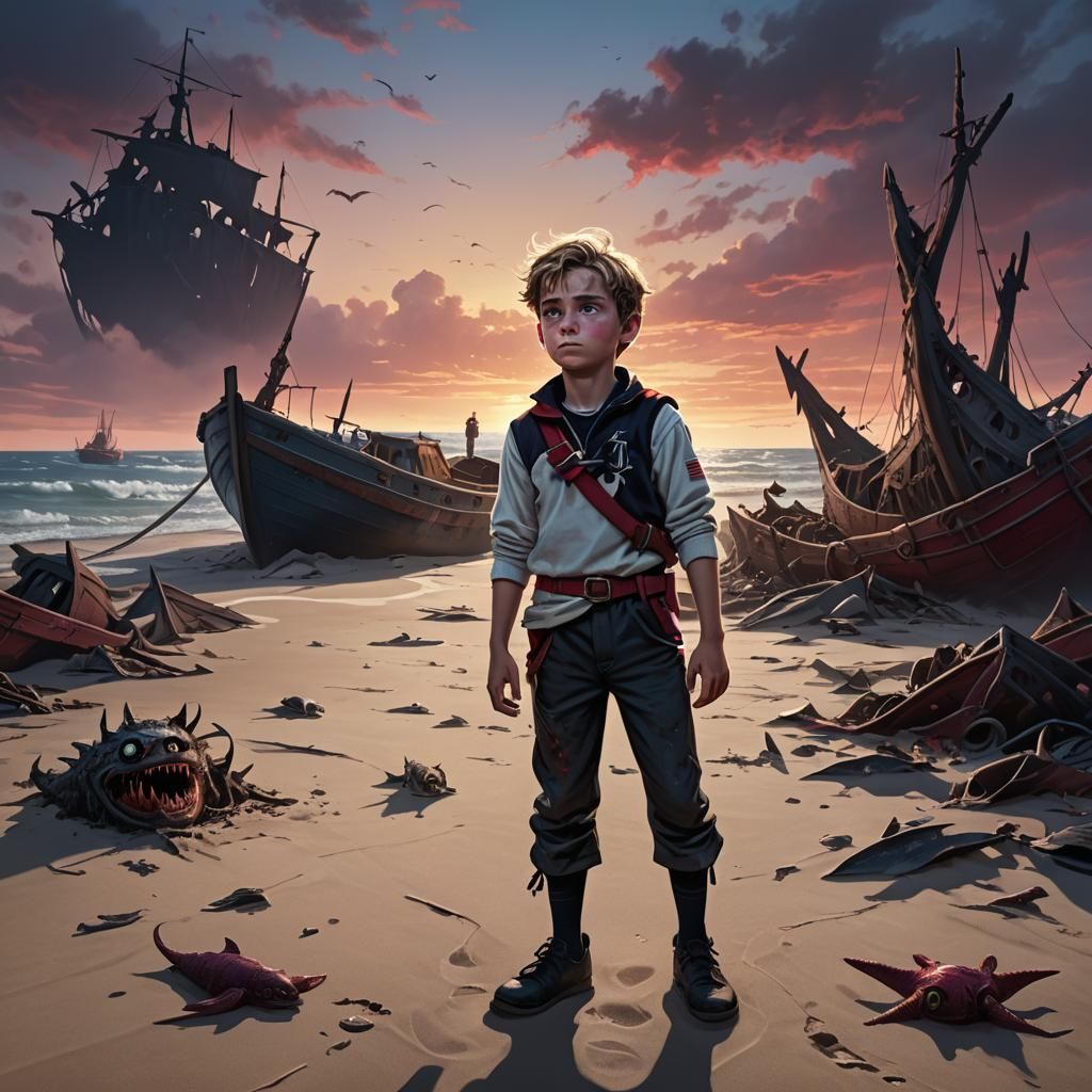 Terrified Child Confronts Gothic Creatures on Beach