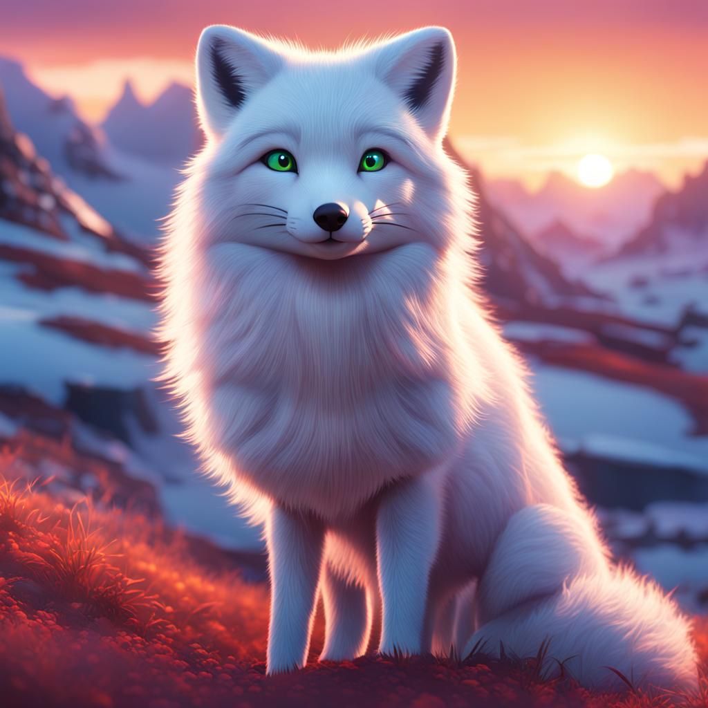 Arctic Fox in Tundra Sunset: Pixar-Style 3D Art