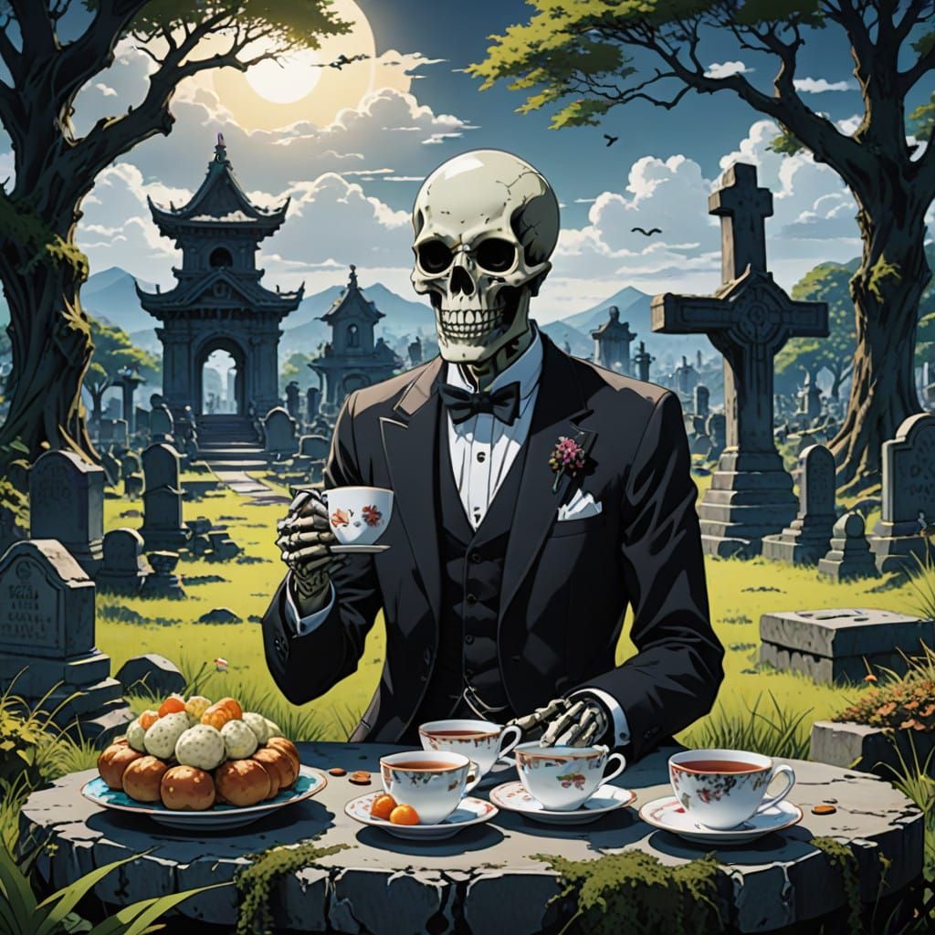 Elegant Skeleton Sips Tea Amidst Ancient Ruins in Japanese A...