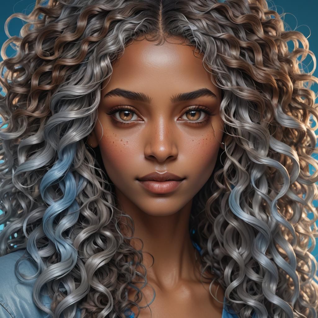 Brown Woman Portrait with Blue Ombre Hair