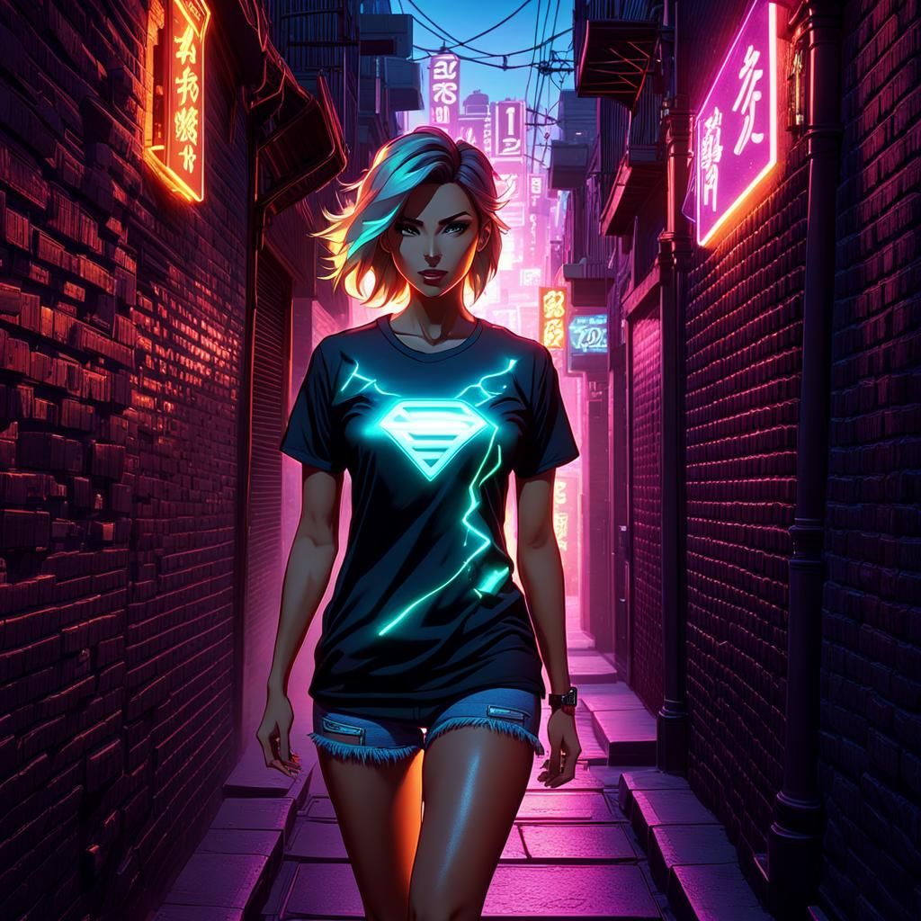 Cyberpunk Woman Walks Down Neon Alleyway