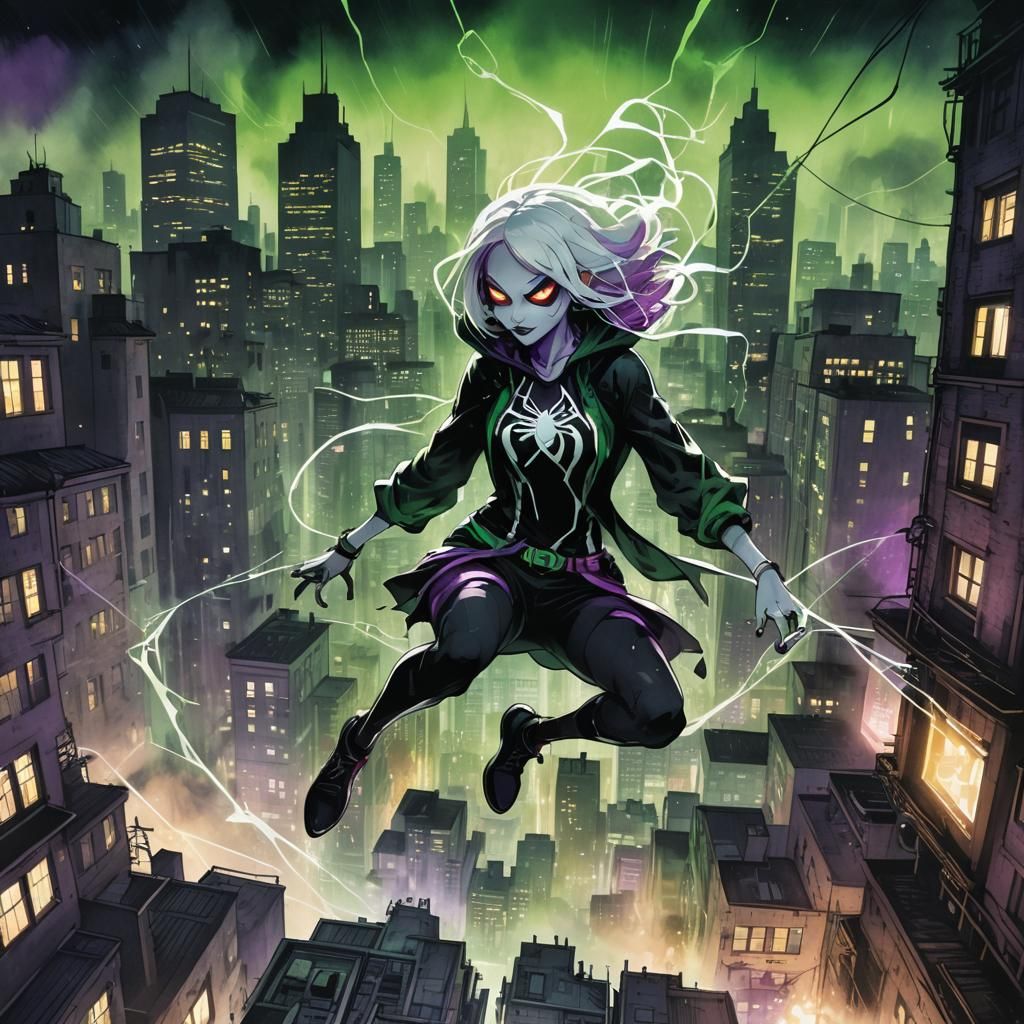 Spider-Gwen in Dark Fantasy Anime Cityscape