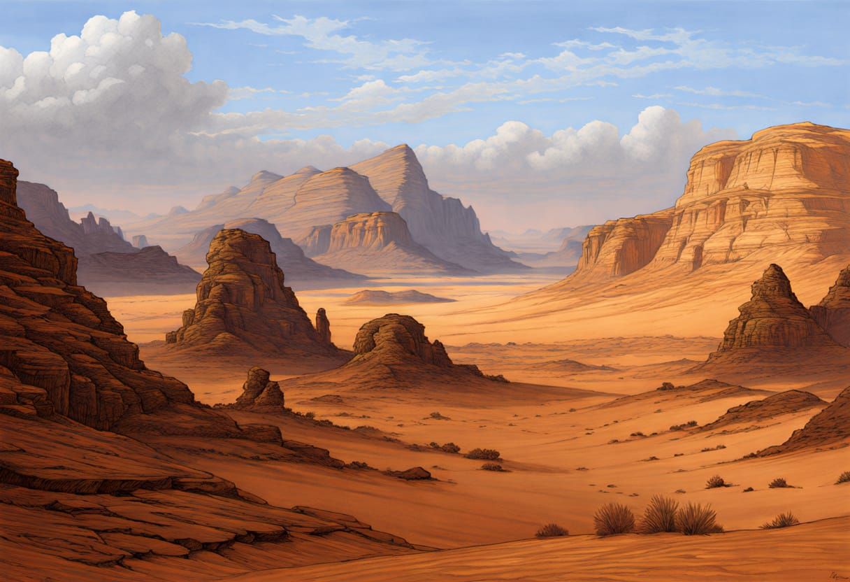 Wadi Rum Sandstone Formations in Arthur Rackham Style