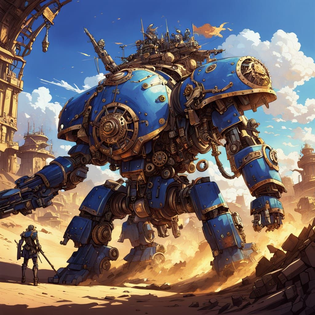 Steampunk Warrior on Mechanical Elephant in Anime Style