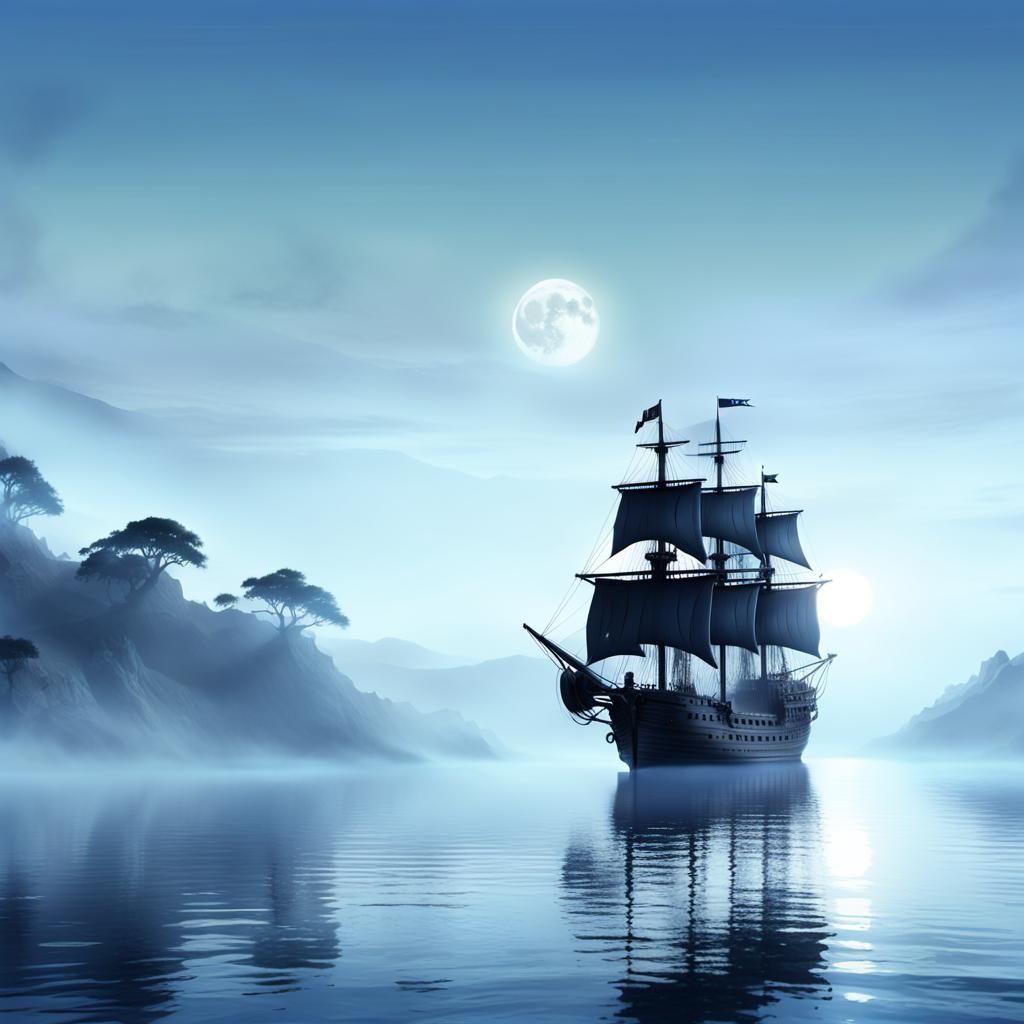 Dark Pirate Ship Sailing Under a Starry Moonlit Sky