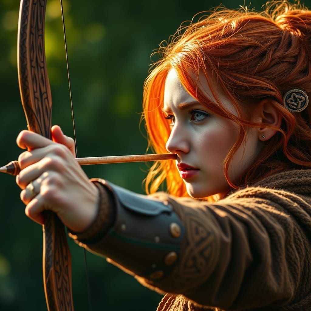 Celtic Archer Prepares to Shoot Arrow in Golden Light