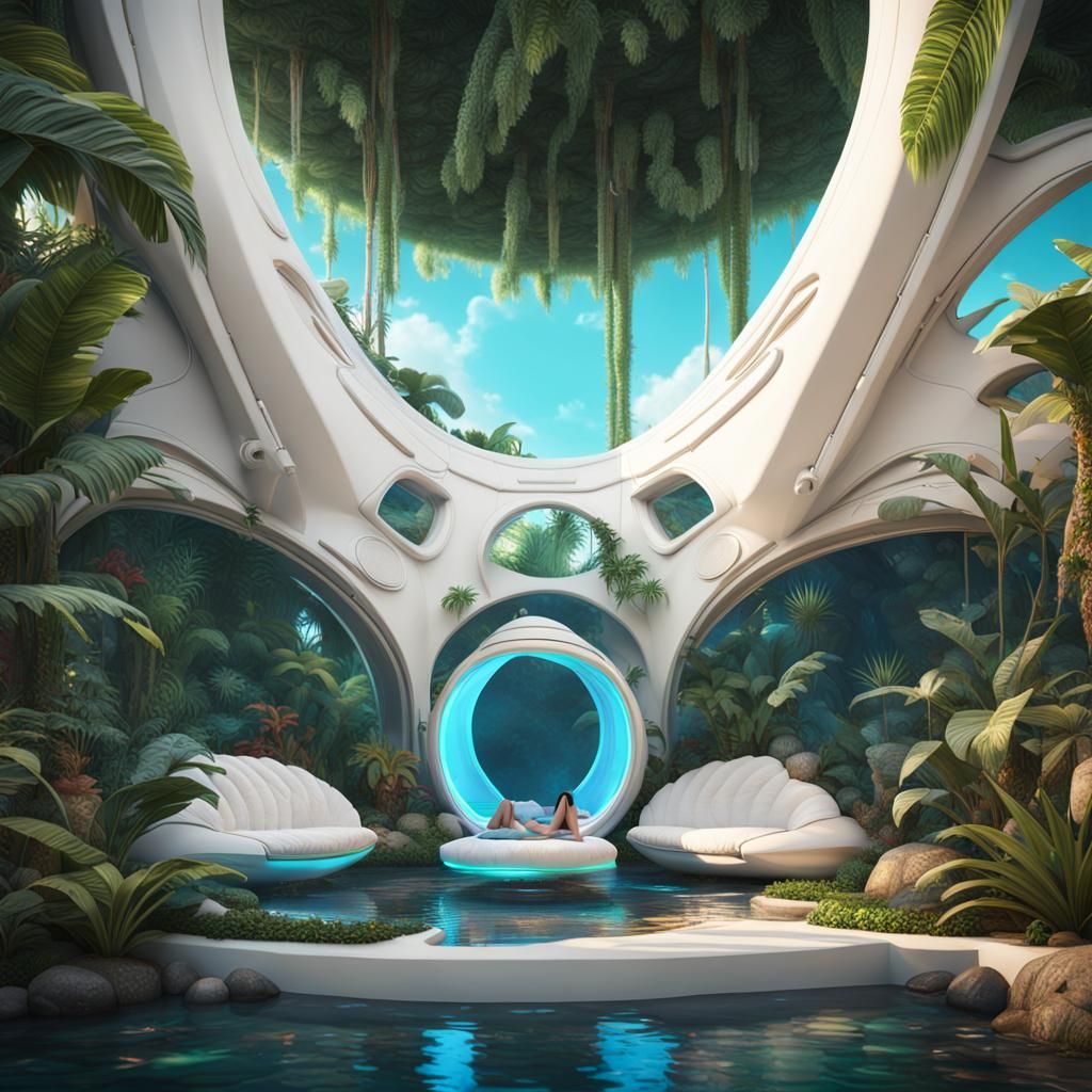 Tropical Jungle Spaceship Pod Lounge: Fantasy Concept Art