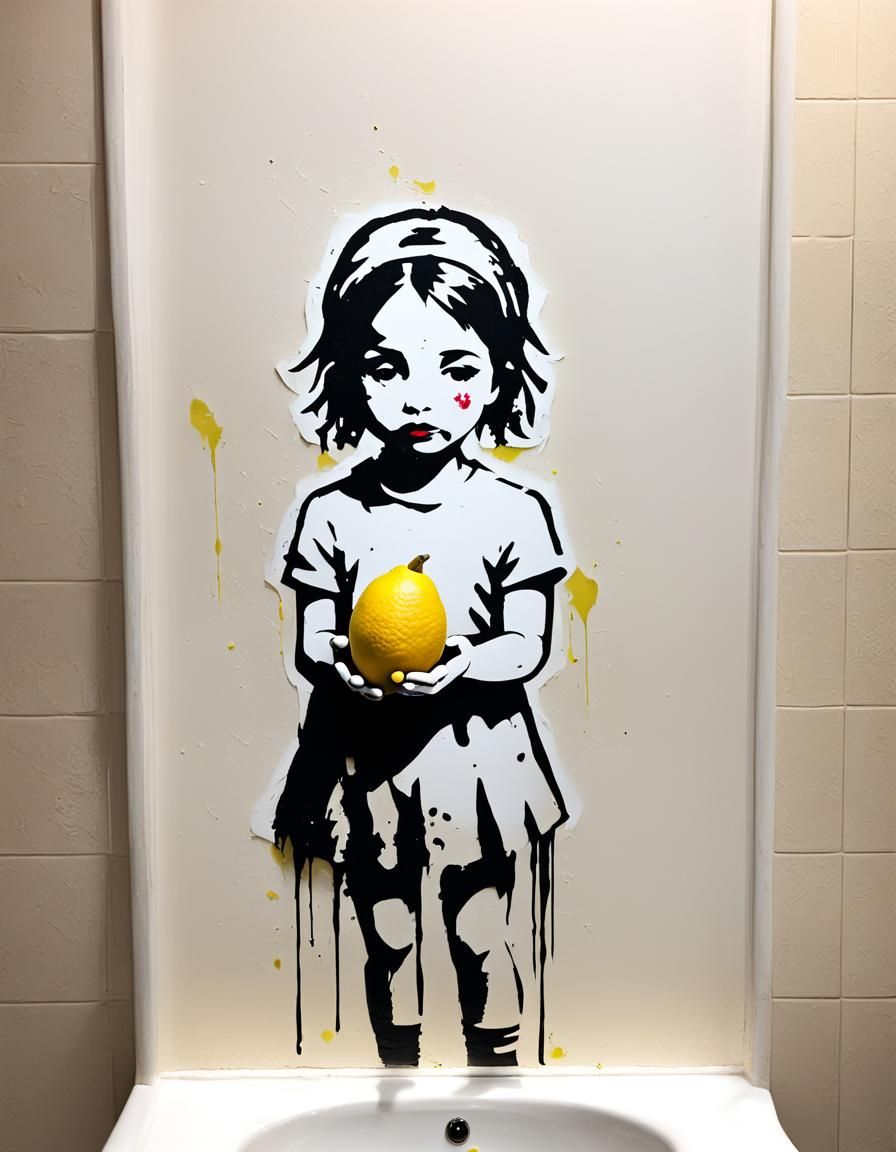 Banksy-Style Lemon Girl Stencil in Bathroom