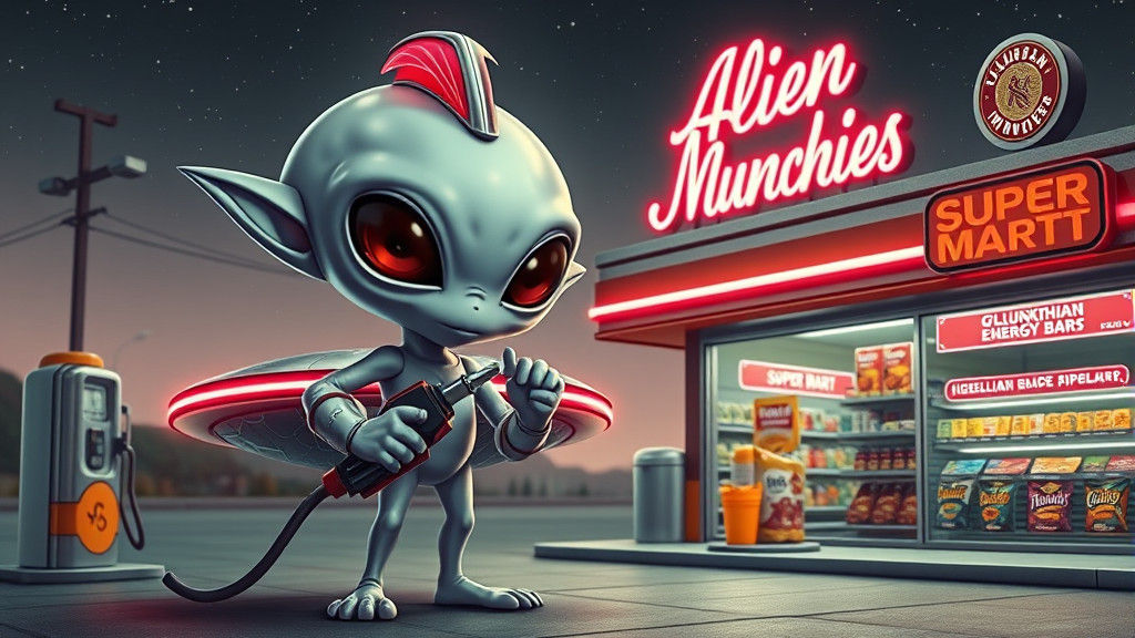 Chibi Alien Refuels Saucer at Retro Gas Station
