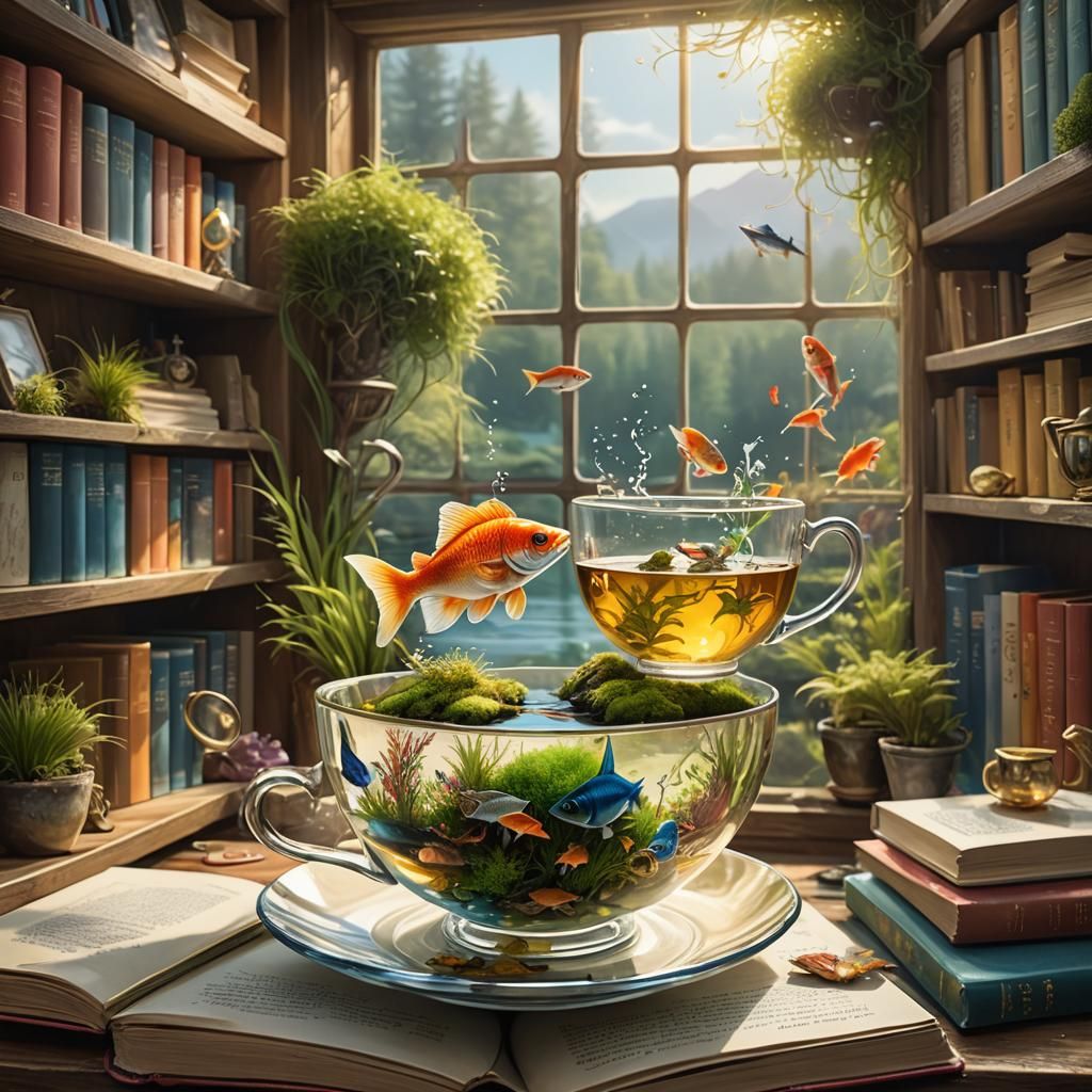 Miniature World in Golden Tea: Hyper-Realistic Concept Art