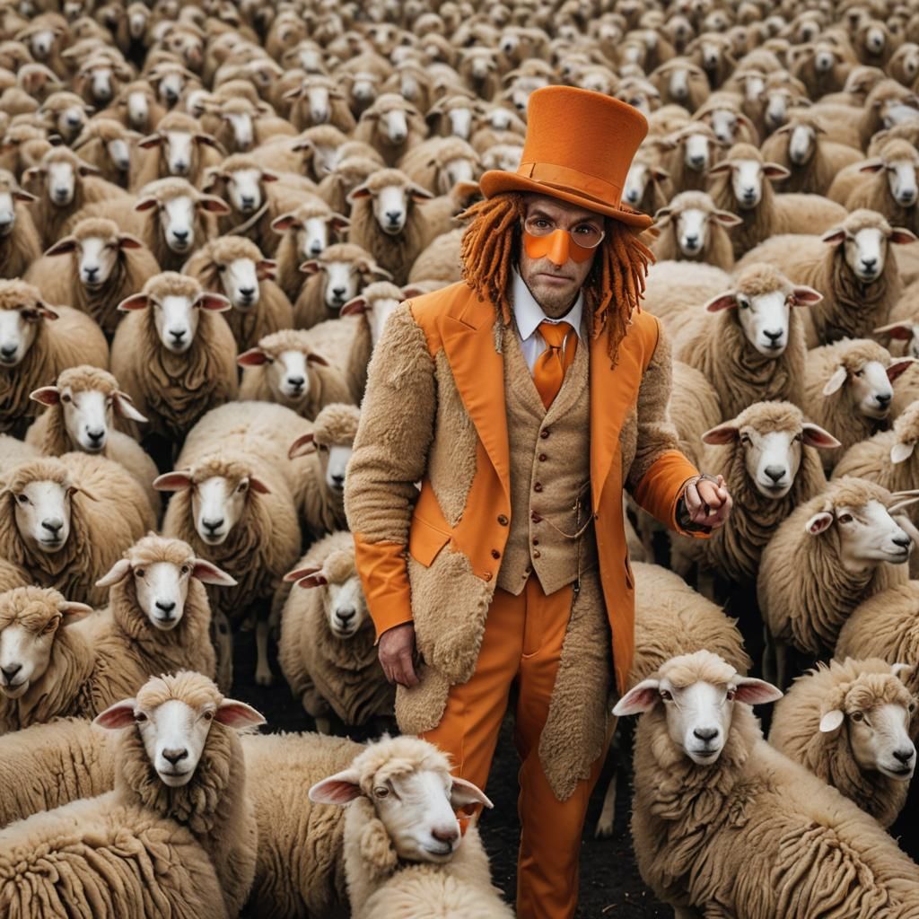 Anthropomorphic Sheep with Dreadlocks in Orange Suit