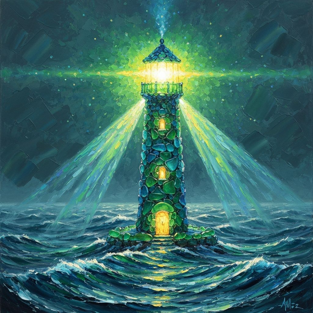Emerald & Cobalt Sea Glass Lighthouse, Impasto Style