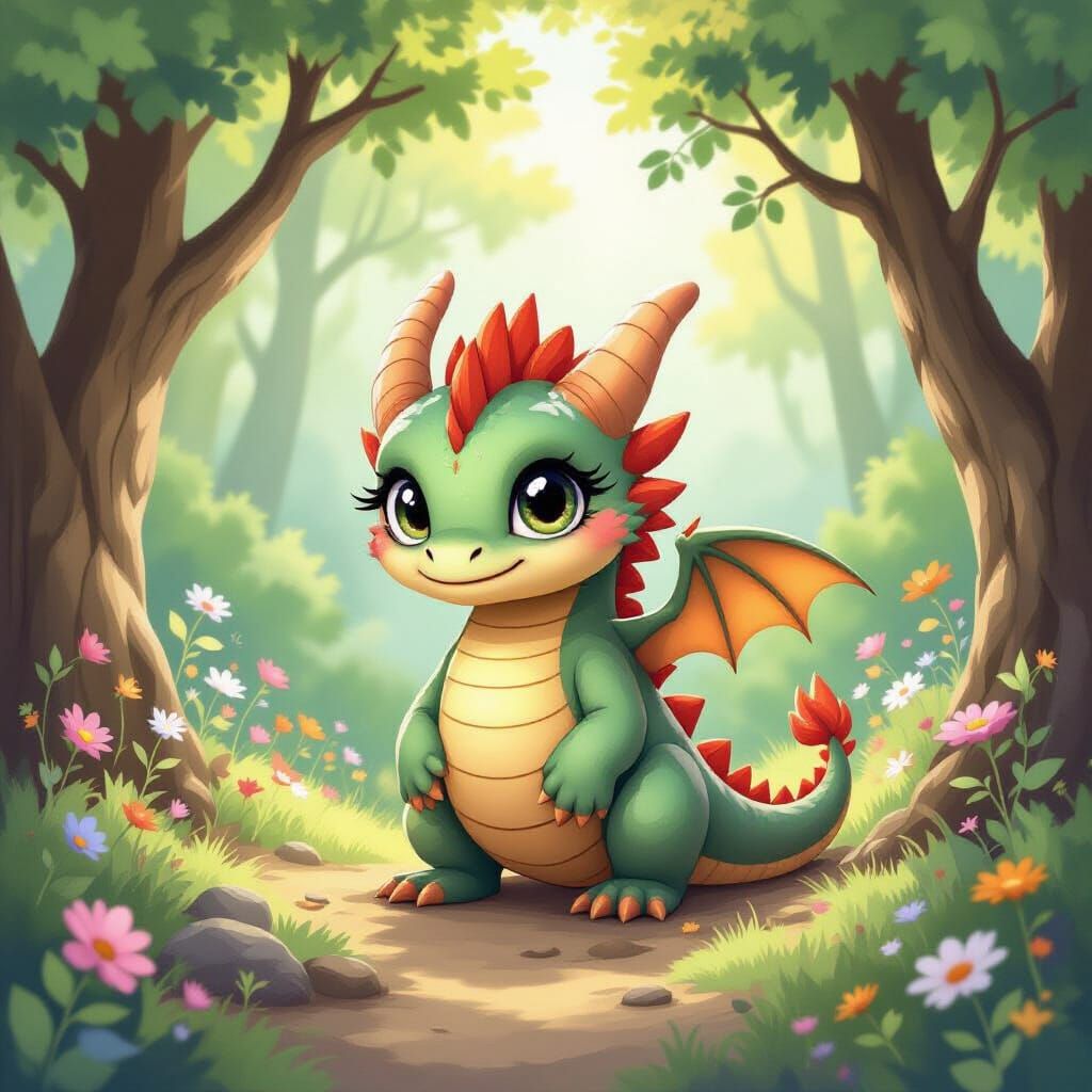 Whimsical Dragon in Sun-Dappled Forest