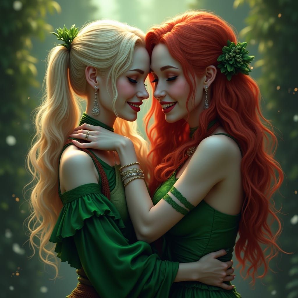 Fantastical Portrait of Harley Quinn and Poison Ivy in a Ten...