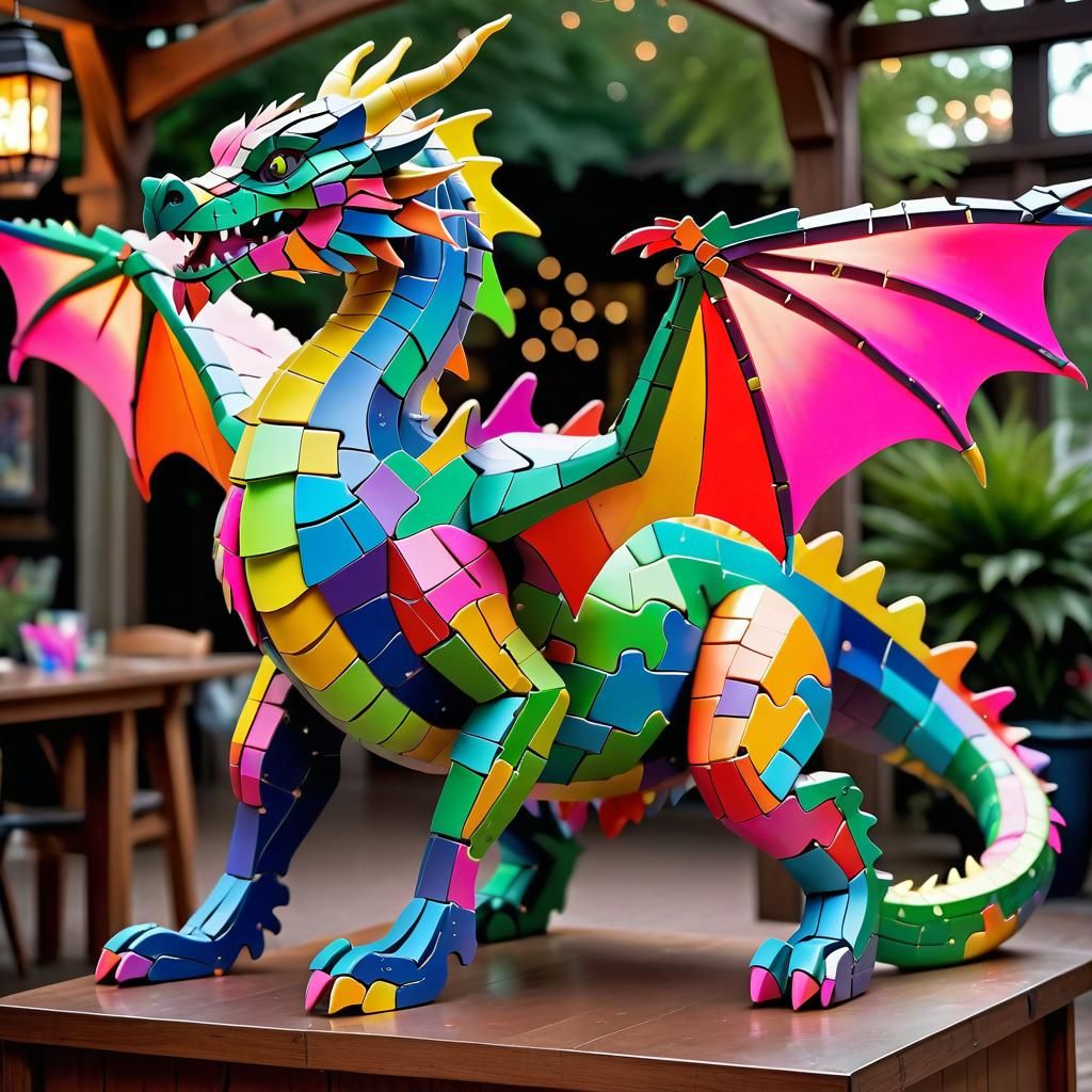 Recycled Puzzle Piece Dragon Sculpture