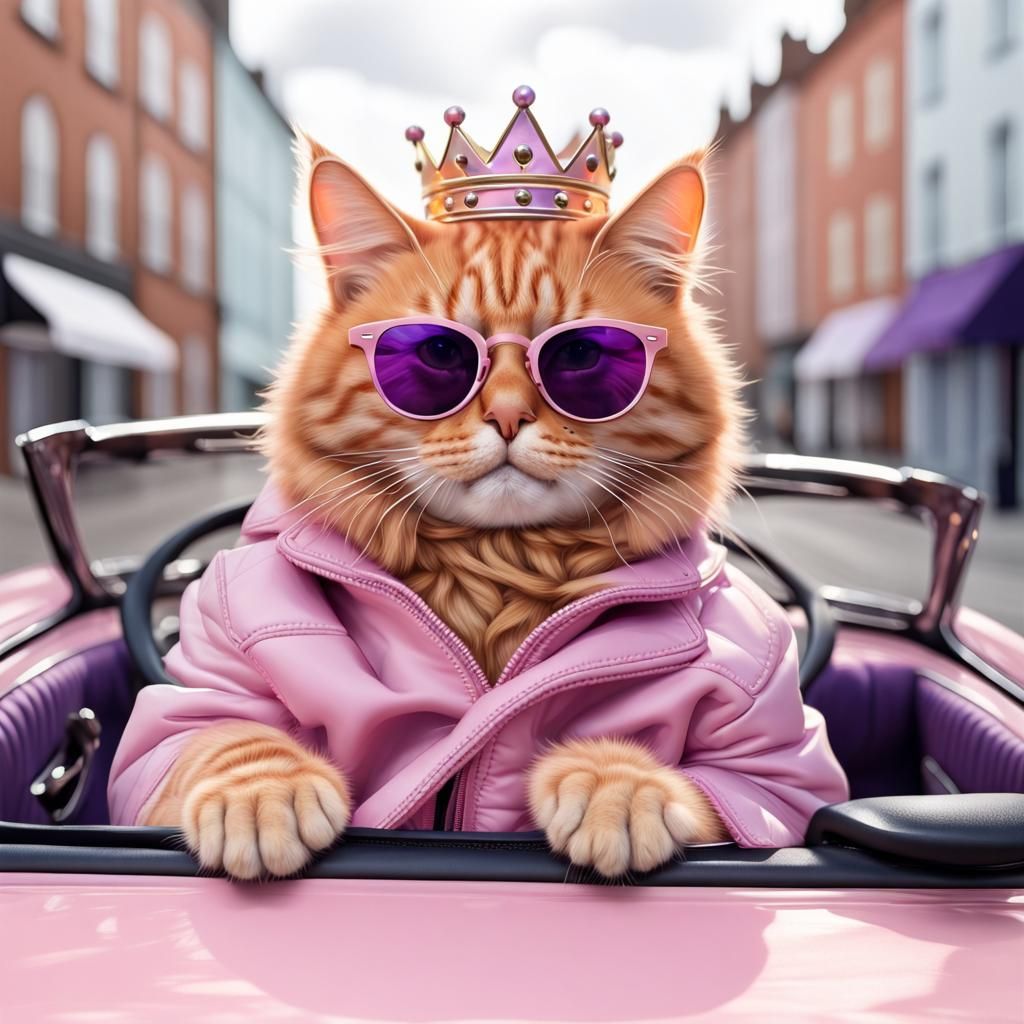 Ginger Cat Royalty Rides in Pink Car