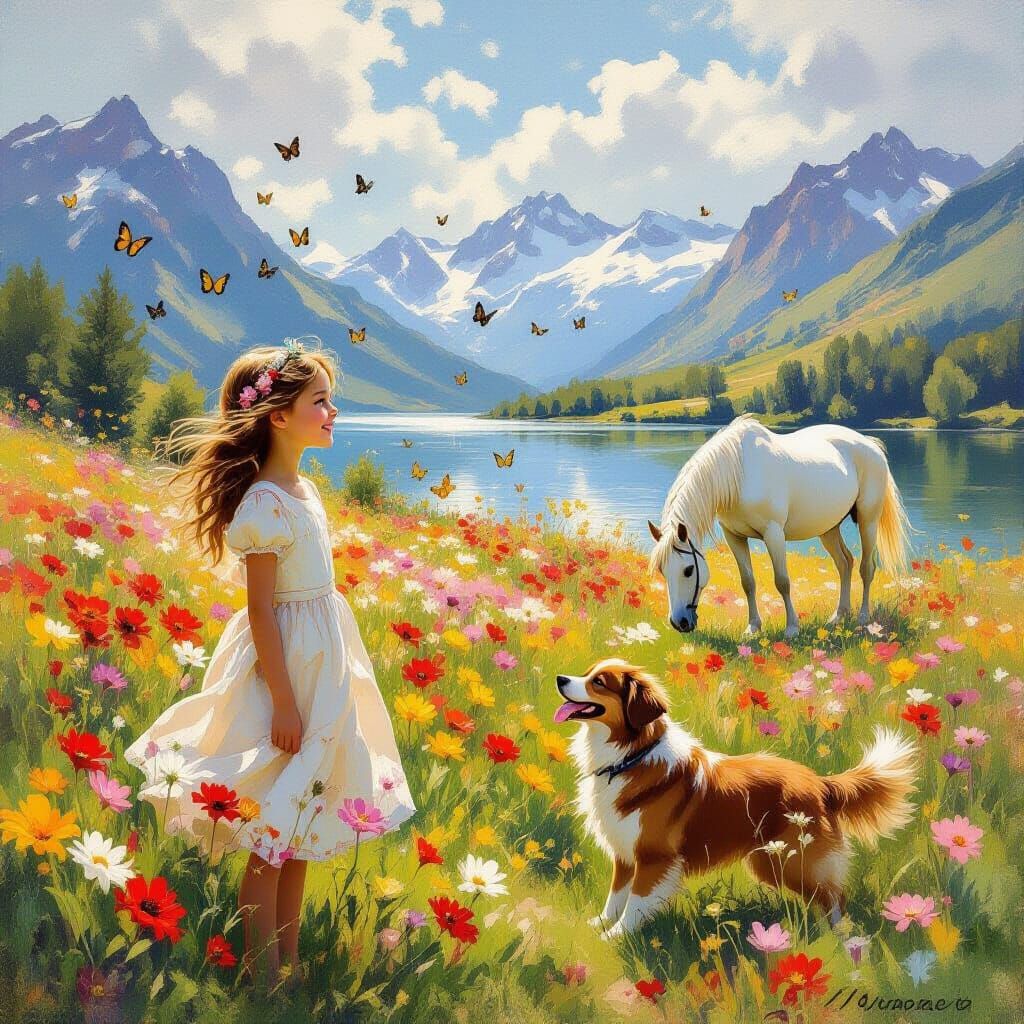 Joyful Girl in Flower Field by Lake and Mountains