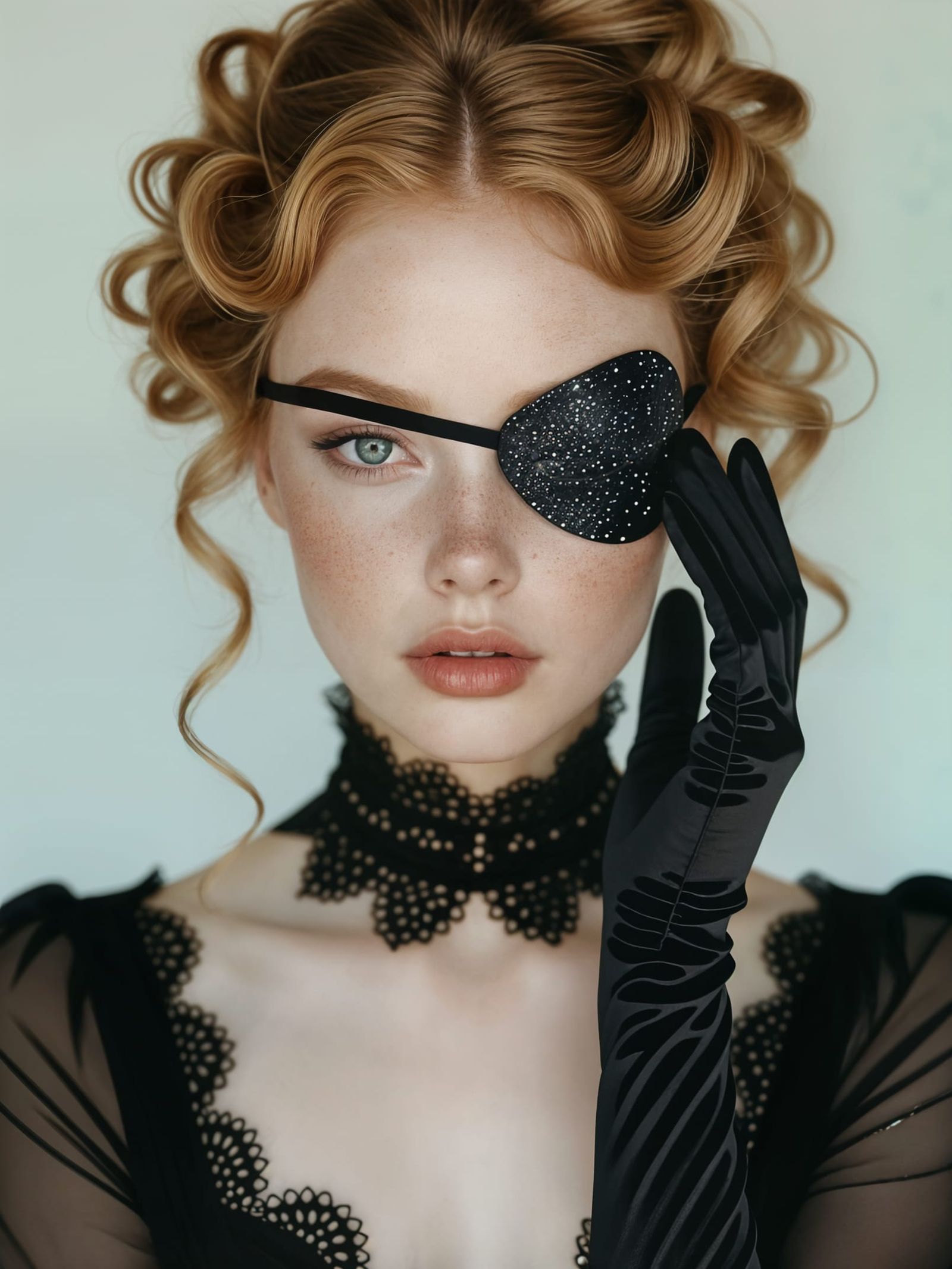 French Woman in Black Glitter Outfit with Satin Gloves