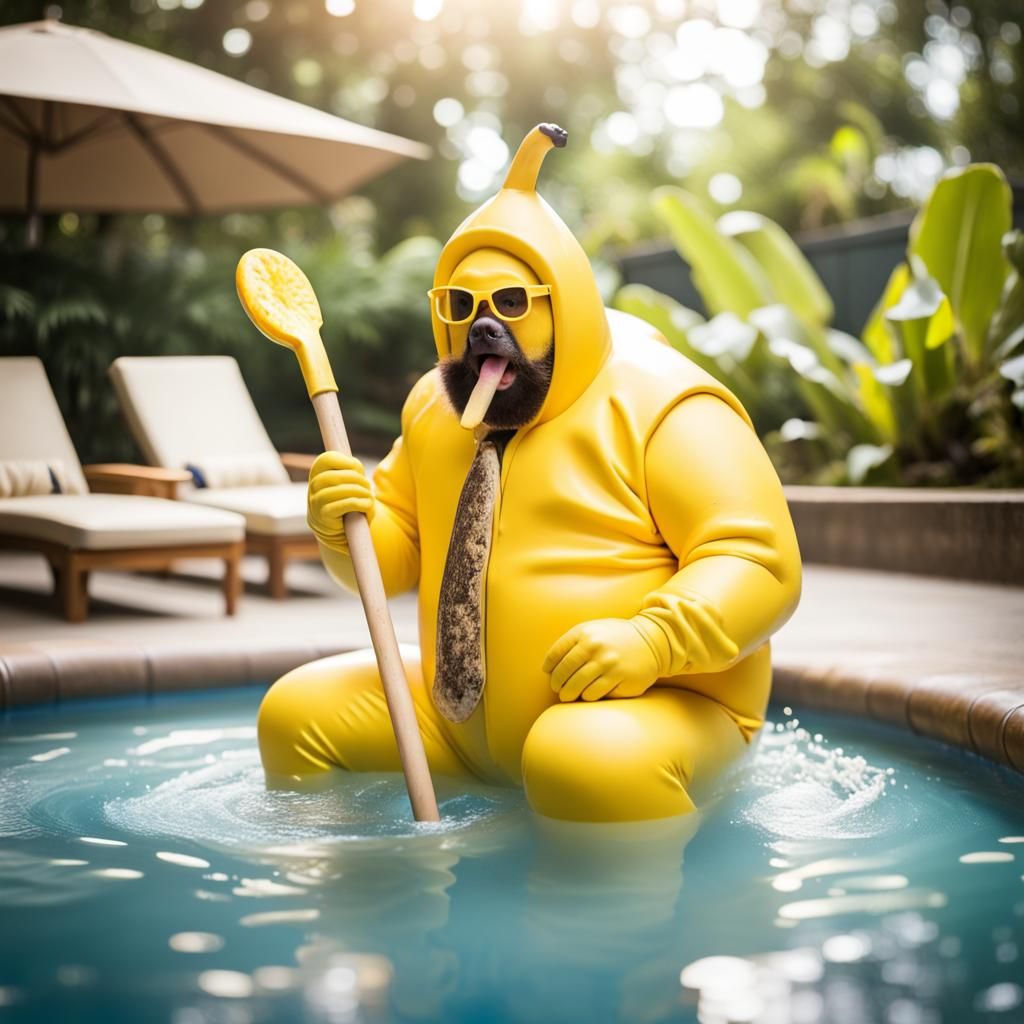 Big man a banana suit sitting in a wading pool