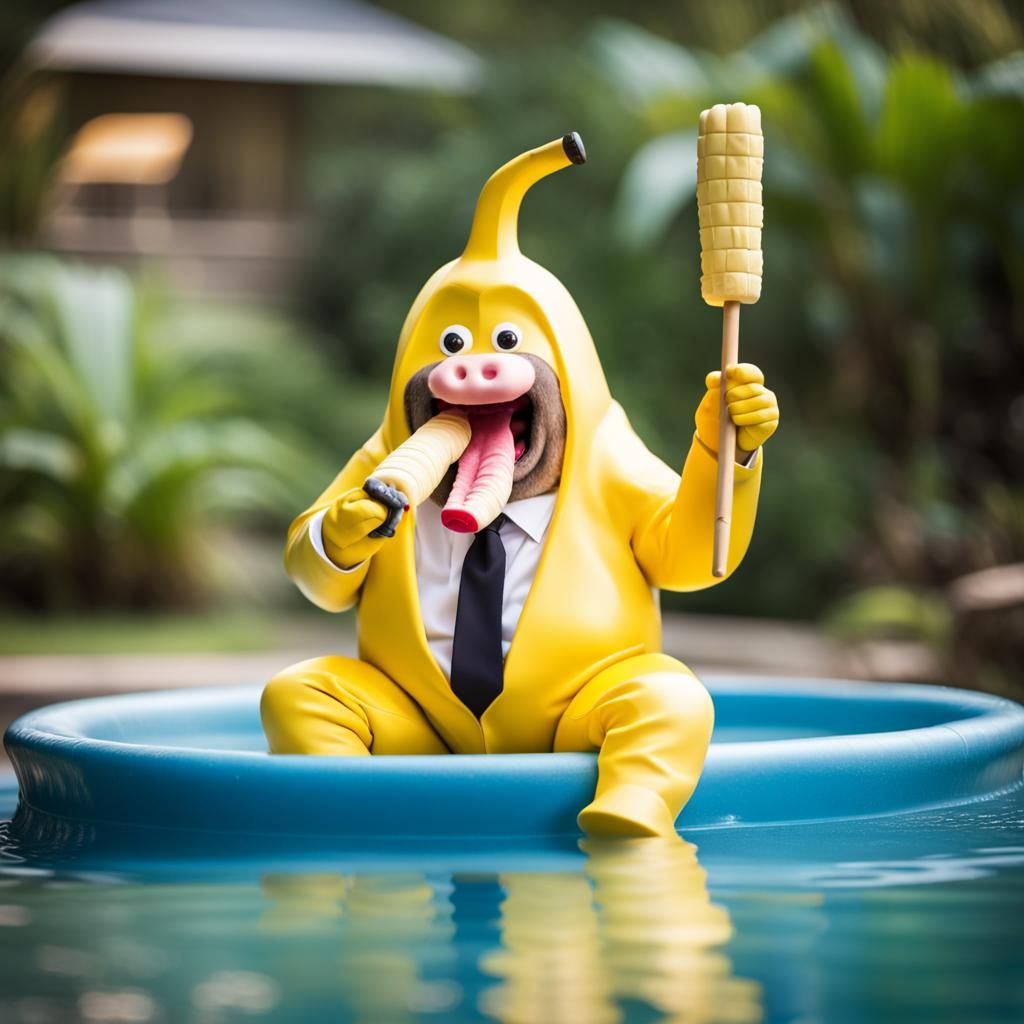 Big man a banana suit sitting in a wading pool II