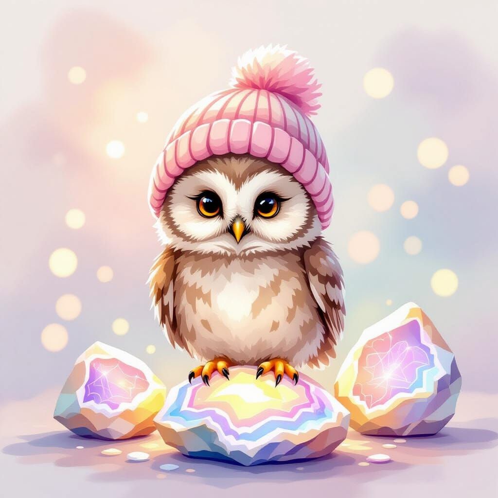 Baby Owl on Glowing Geodes in Watercolor Style