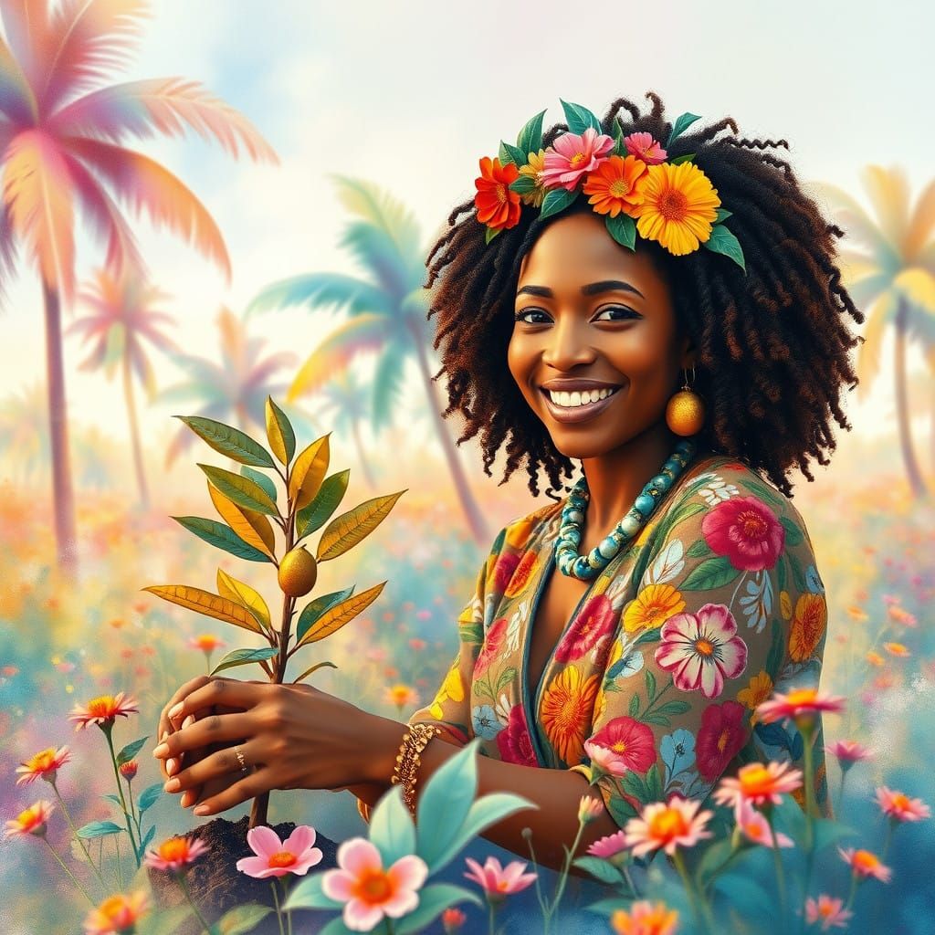 Ethereal Caribbean Goddess Plants Vibrant Fruit Tree in a Dr...