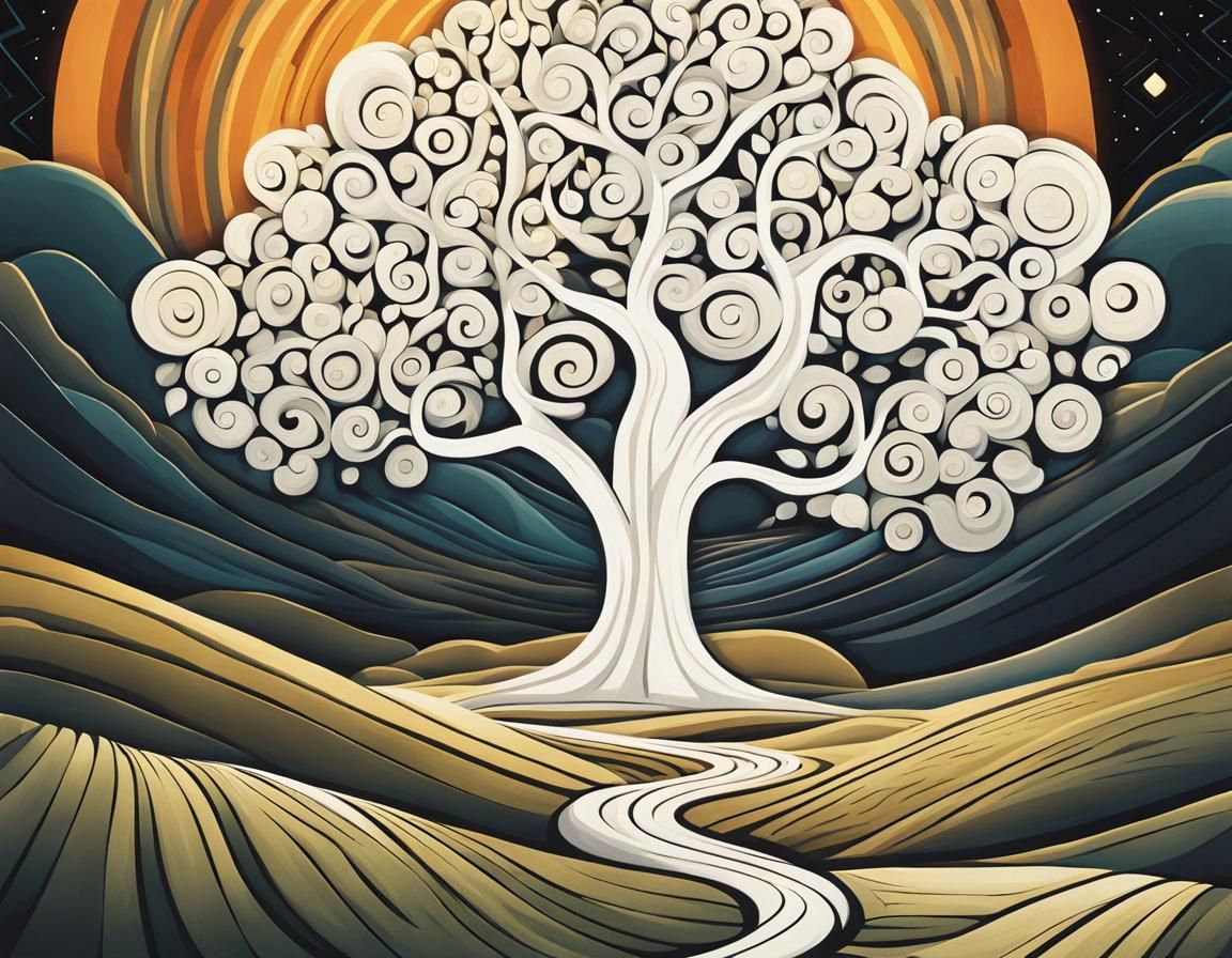 Glowing Tree in Wasteland: A Neo-Cubist Cartoon