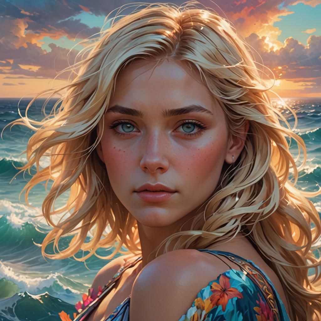 Blonde Woman Overlooking Colorful Ocean, Detailed Portrait