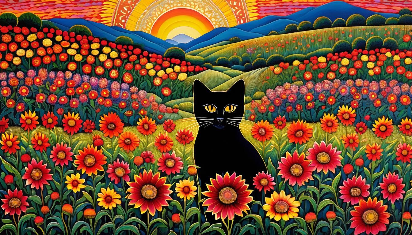 Cat in Wildflowers: Folk Art Pointillism