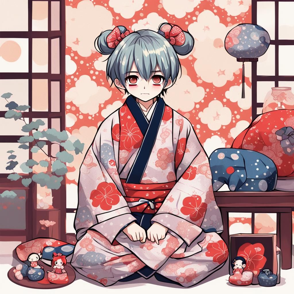 Anime Chibi Man with Kabuki Eyeshadow in Jinbei