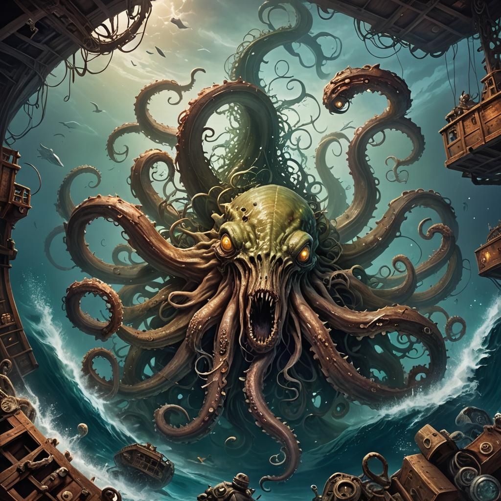 Eldritch Kraken Lurking in Sunken Ship Graveyard