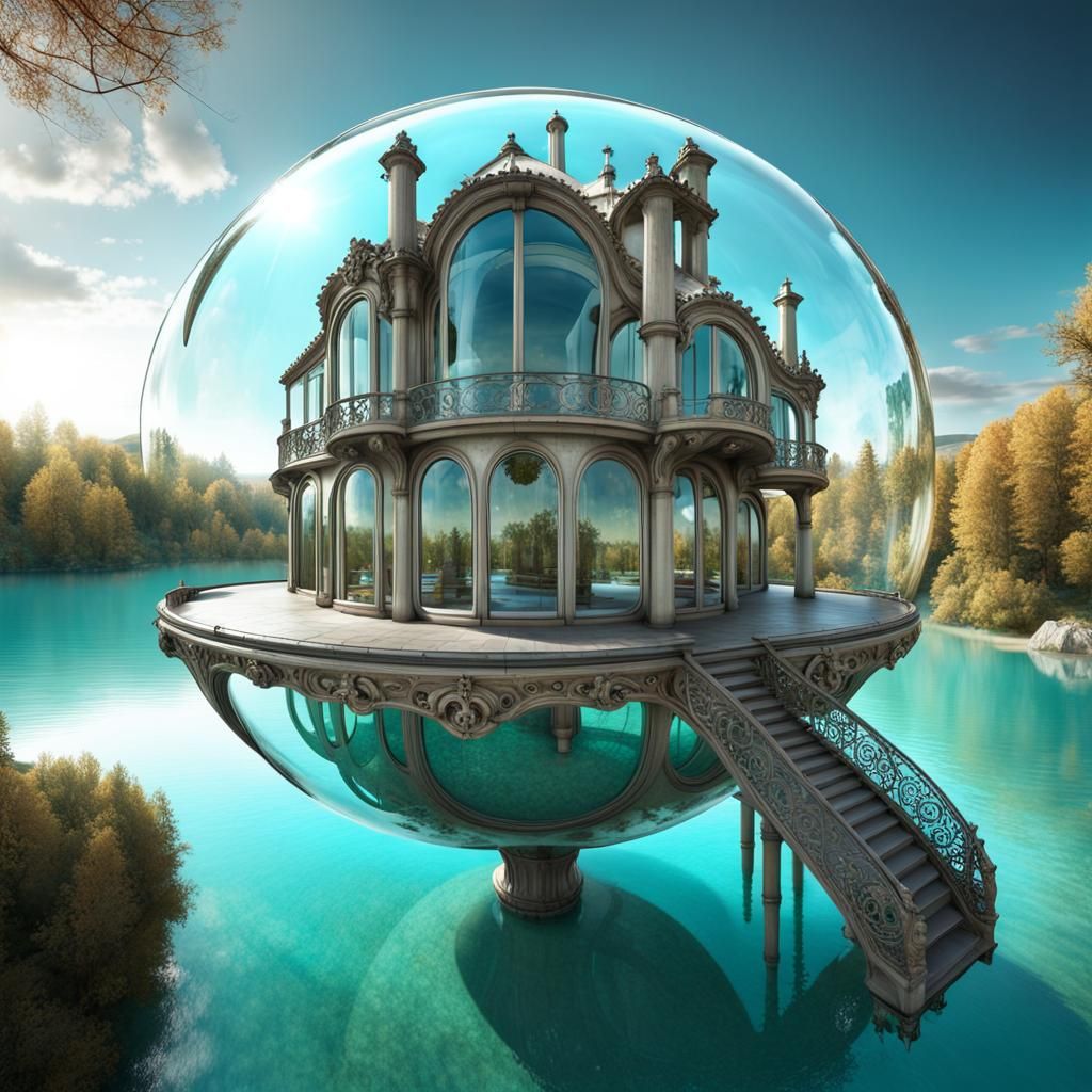 Glass Bubble House over Turquoise Lake in Gaudi Style