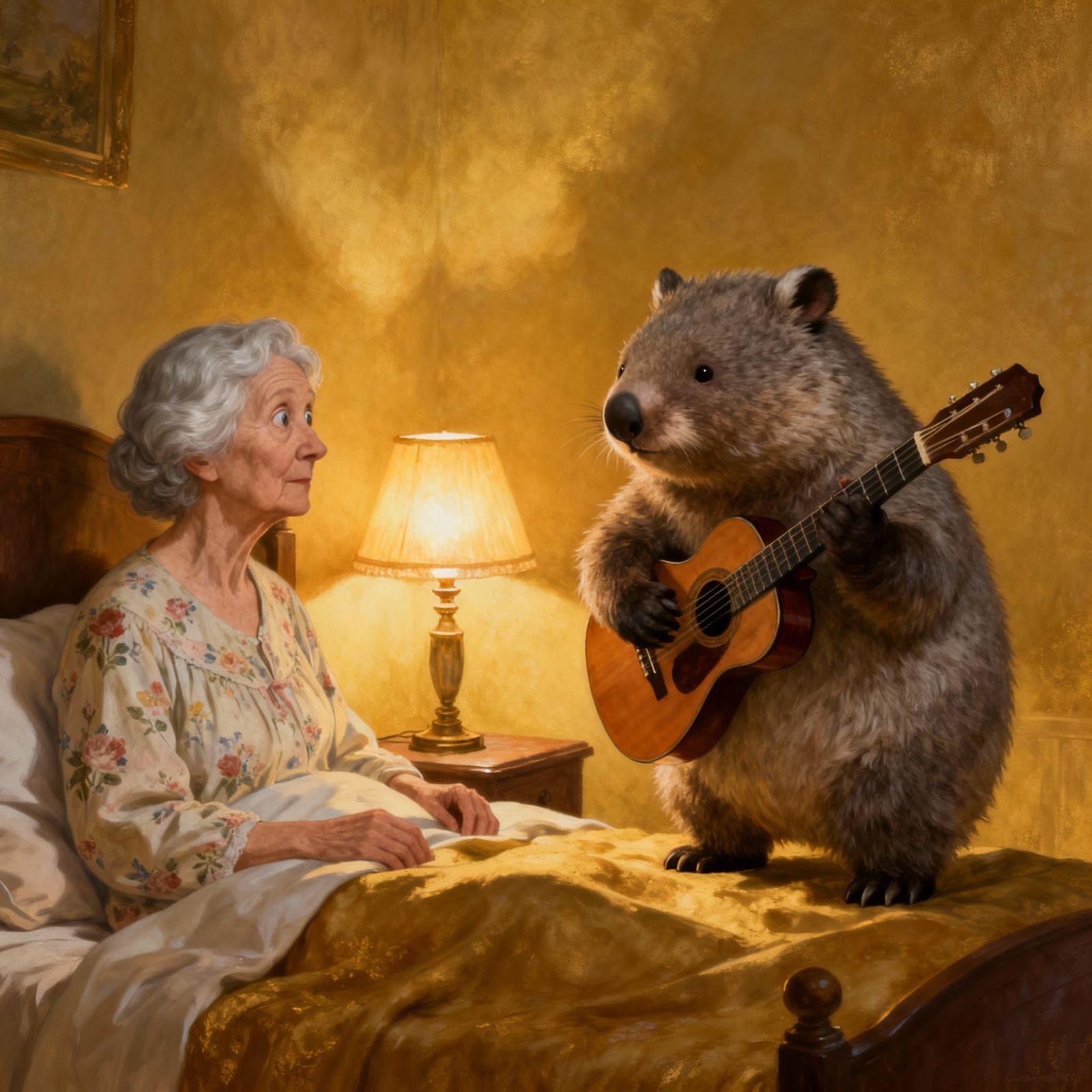 Elderly Woman Meets Guitar-Playing Wombat in Dreamlike Scene