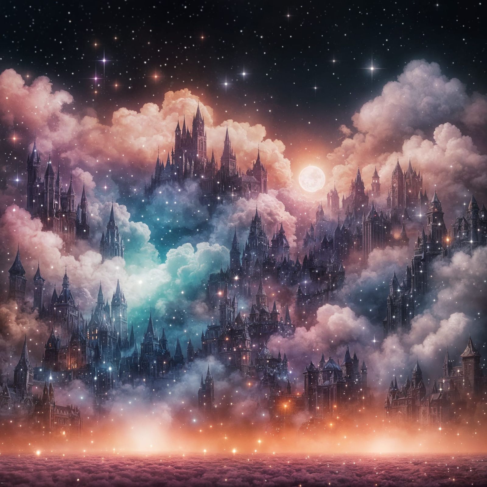 Pastel Night Sky with Floating Figure, Watercolor Style