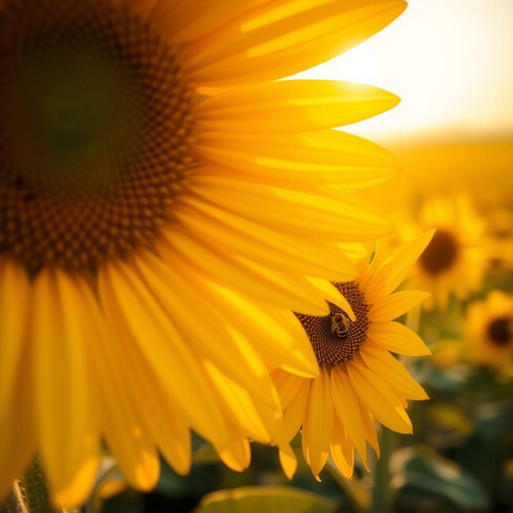 Sunflower Close-Up with Bee in Morning Light