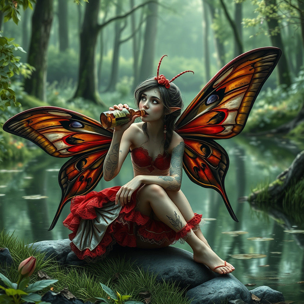 Drunk Fairy with Moth Wings by Forest Pond
