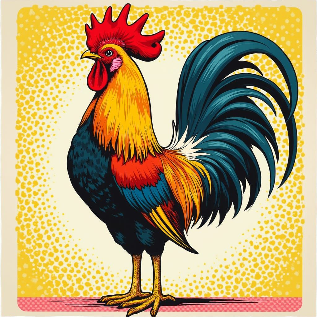 Folk Art Rooster in Wes Anderson and Lichtenstein Style