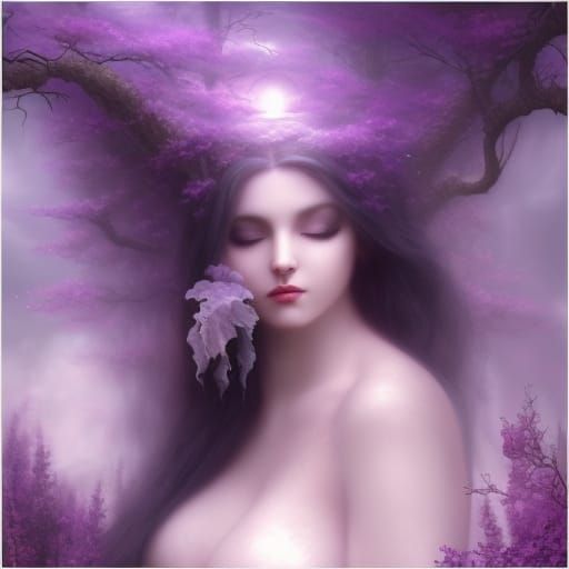 Dark fantasy ethereal Gothic witch with long purple hair with lavender highlights& purple eyes& purple eyeshadow& Black ...