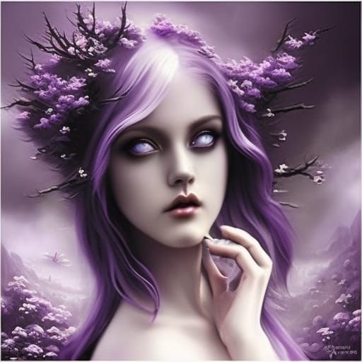 Dark fantasy ethereal Gothic witch with long purple hair with lavender highlights& purple eyes& purple eyeshadow& Black ...