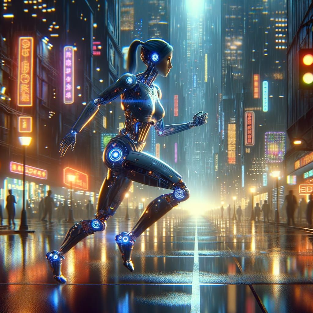 Cybernetic Cop Woman Readies Futuristic Tool in 2099 Citysca...