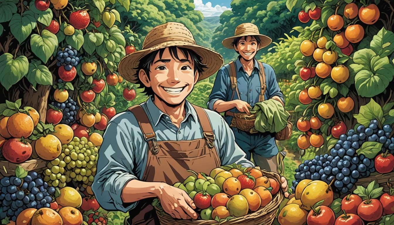 Ghibli-Style Cartoon Farmer Surrounded by Fruit