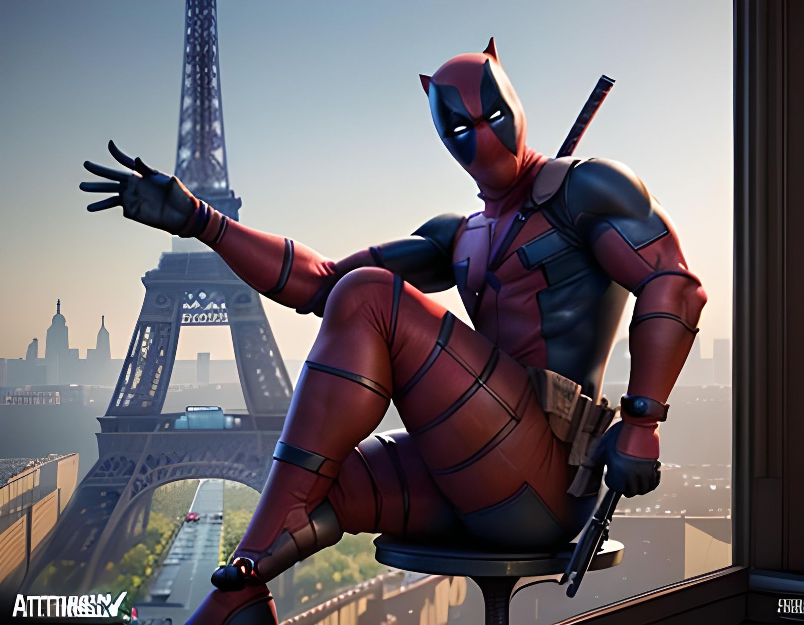 Deadpool Relaxing Atop Eiffel Tower in 3D