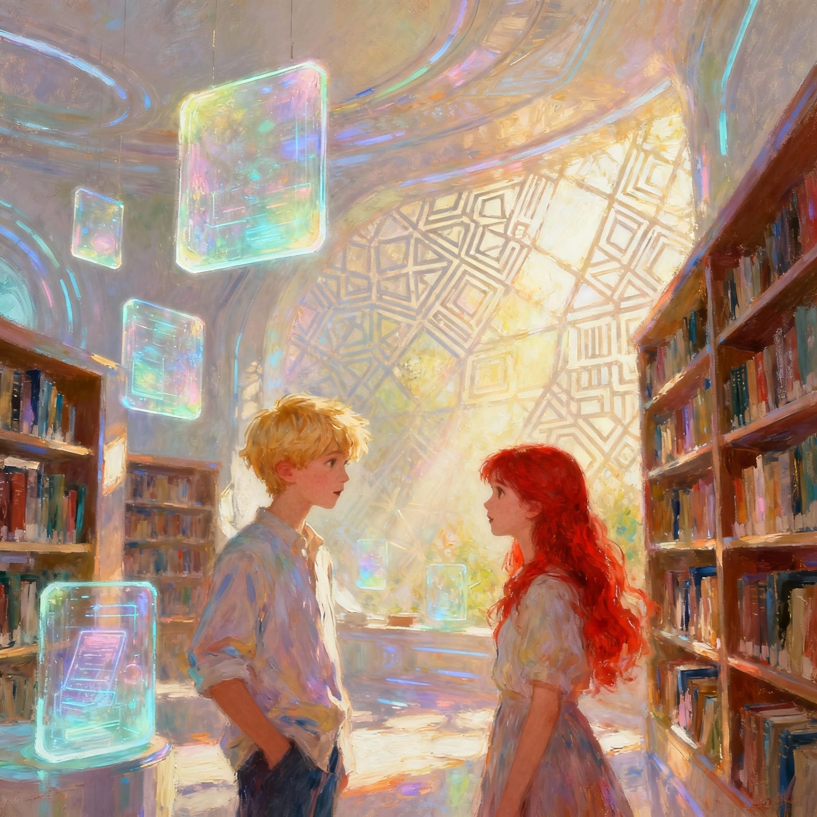 Futuristic Library Scene with Talking Children, Impressionis...