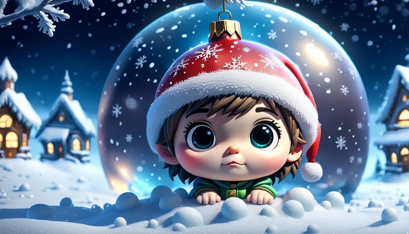 Chibi Christmas Bauble in Snowy Surreal Landscape